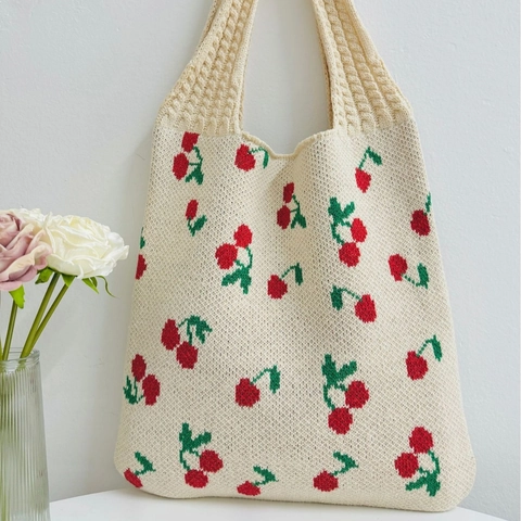 Women Knitted Tote Bag Cherry Pattern Crochet Large Capacity Shoulder Handbag Casual Fashion Soft Fabric Bag