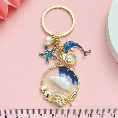 Ocean Theme Blue Keychain With Dolphin Starfish Shell Artificial Pearl Zinc Alloy Gold Plated Creative Bag Pendant Key Ring