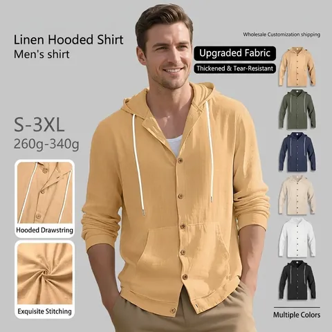 Camicia In Lino Con Cappuccio Da Uomo Manica Lunga Casual Spiaggia Top Con Bottoni Coulisse Tasche Tinta Unita Vestibilità Comoda