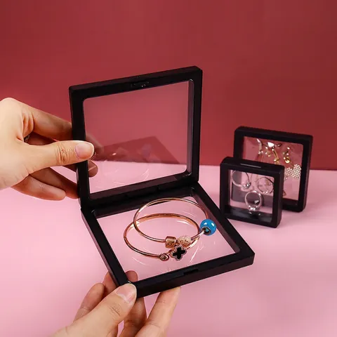 PE Film Floating Jewelry Display Box 3D Suspension Case Transparent Organizer For Rings Necklaces Dustproof Plastic