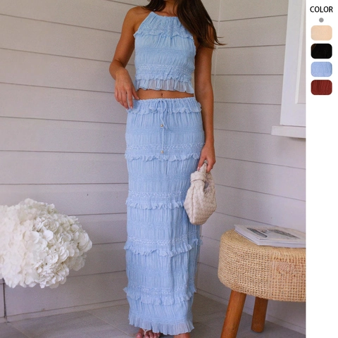 Halter Neck Crop Top And Tiered Ruffled Maxi Skirt Pleated Crinkle Fabric Summer Vacation Elegant Trendy Women Clothing