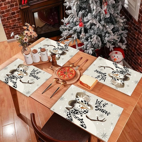 Sets De Table De Noël Motif Bonhomme De Neige Renne Polyester Isolé Antidérapant Lavable Décoration De Table Festive