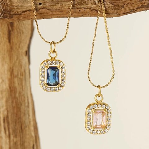 Rechteckiger Edelstein Anhänger Halskette 18K Vergoldet Edelstahl Smaragdschliff Zirkon Eingelegt Elegante Retro Luxus Schmuck Für Damen