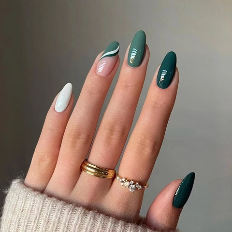 Uñas Postizas Press On Verde Blanco Diseño Francés Brillante Desmontable Ovaladas Para Mujeres Elegante Minimalista Manicura