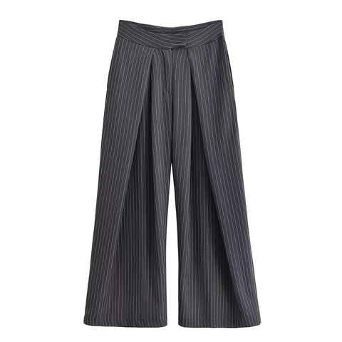 Pantalones De Pernera Ancha Con Cintura Alta Raya Diplomática Vertical Poliéster Pantalones De Oficina Profesionales