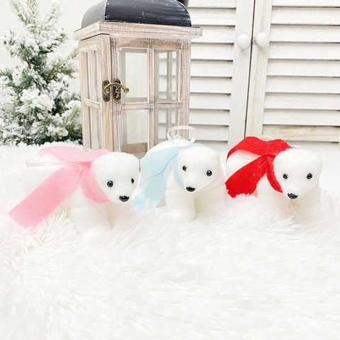 Christmas Polar Bear Hanging Ornament White Flocked Foam Animal With Colorful Scarf For Holiday Xmas Tree Decoration