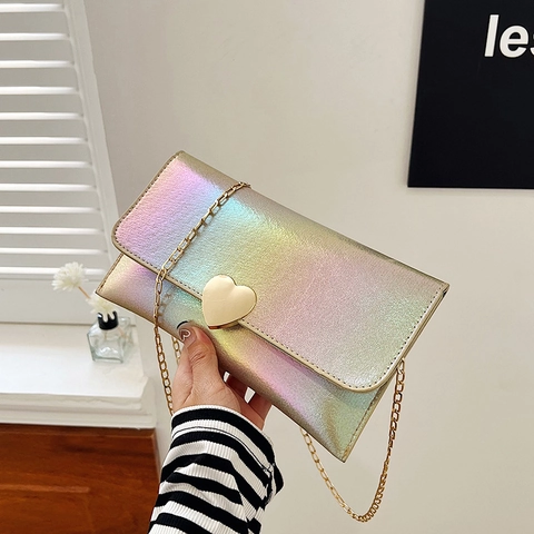 Laser Holografische Schultertasche PU Leder Herzschnalle Gradient Kette Umhängetasche Umschlag Damen