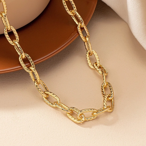 Collana A Catena Grossa Texturizzata Lega Tono Oro Maglie Ovali Punk Hip Hop Gioielli Stile Vintage Regolabile Donna