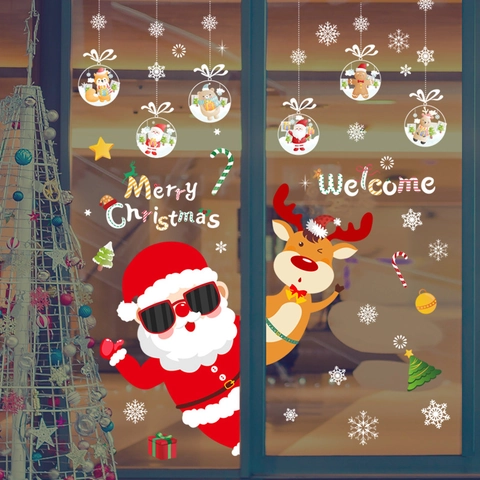 Adesivi Per Finestre Natalizi PVC Rimovibile Babbo Natale Renna Fiocco Di Neve Vetrofanie Per Decorazione Vetrina Casa