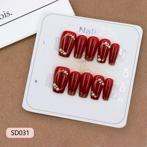 Handmade Press On Nails Red Artificial Pearl Gold Wire Elegant Ballerina False Nails For Women Artificial Finger Nails Decoration