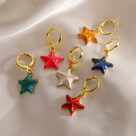 Pendientes De Gota De Estrella De Mar Cobre Chapado En Oro De 18K Esmalte Colorido Joyería De Moda Retro Para Mujeres