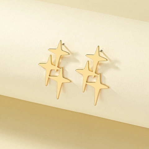 Overlapping Four-Pointed Star Stud Earrings Alloy Gold Tone Minimalist Trendy North Star Jewelry For Women