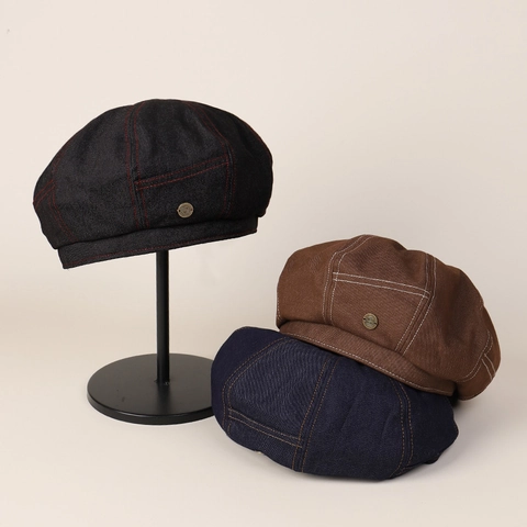 Berretto Newsboy In Denim Retrò Donna Cuciture A Contrasto Regolabile Stile Giapponese Cappello Da Pittore Vintage Bottone In Metallo