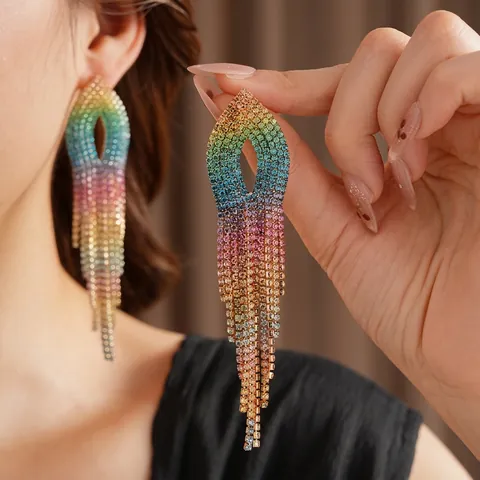 Rainbow Gradient Rhinestone Long Tassel Earrings With Silver Earring Post Copper Luxury Statement Jewelry For Women