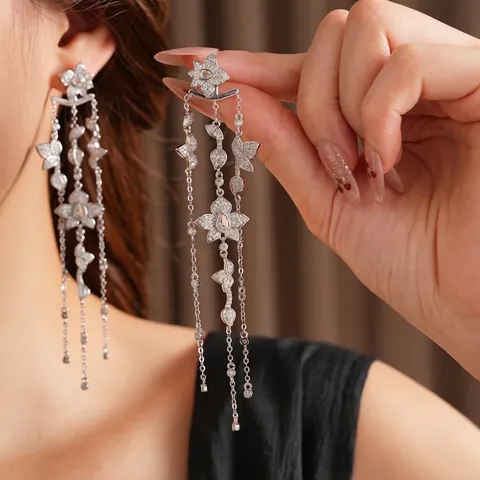 Bloem Blad Kwastje Hangende Oorbellen Koper Met Zirkonia En Zilveren Oorsteker Elegante Luxe Sieraden Voor Dames