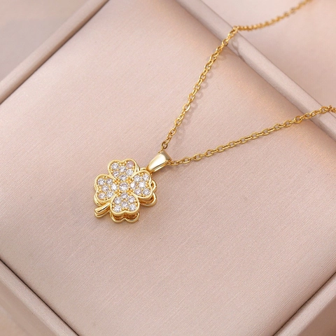 Stainless Steel Rotating Heart Clover Jewelry Set For Women Gold Plated Zirconia Inlay Necklace Rotating Open Ring Fashion Accessory