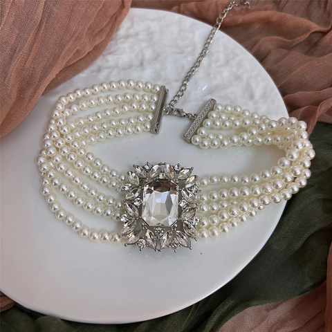 Juego de Joyas Vintage de Aleación Circonia Perla Artificial Lujoso Collar Pendientes Pulsera para Mujer Aniversario Fiesta Accesorio