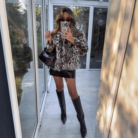 Giacca In Pelliccia Ecologica Leopardata Donna Risvolto Maniche Lunghe Cappotto Invernale Caldo Moda Motivo Animale