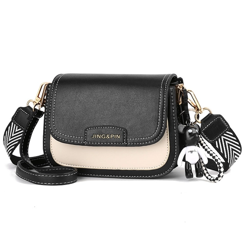Borsa A Tracolla Da Donna In Pelle PU Piccola Quadrata Colore A Contrasto Borsa A Spalla Con Ciondolo A Orsetto Doppie Tracolle