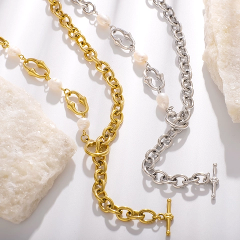 Collana E Bracciale Con Chiusura A Leva Acciaio Inossidabile Placcato Oro 18K Perla Artificial Naturale Gioielli Di Moda Asimmetrici