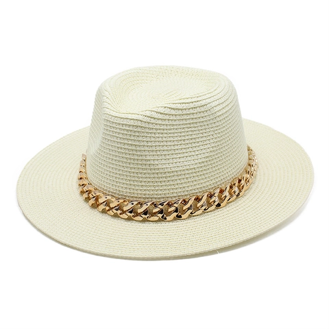 Cappello Di Paglia Fedora Donna Estate Protezione Solare UV Traspirante Spiaggia Stile Panama Catena Dorata Vacanze