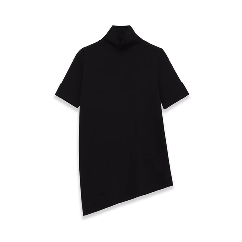 Camiseta De Punto Para Mujer Dobladillo Asimétrico Cuello Alto Manga Corta Color Sólido Casual Streetwear Top