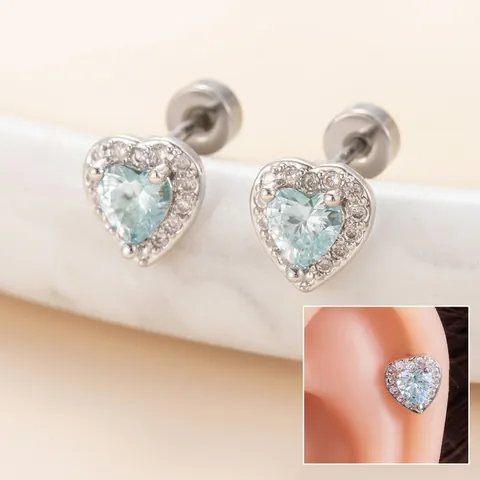 Heart Zirconia Stud Earrings Light Blue Titanium Steel Screw Back Cartilage Piercing Jewelry Elegant Women