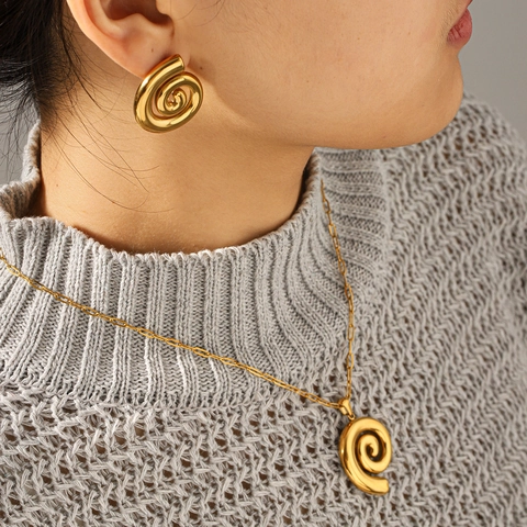 Collana Con Pendente A Spirale Geometrica E Orecchini Acciaio Inossidabile Placcato Oro Gioielli Da Donna