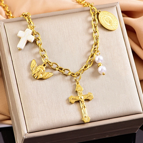 Collier Pendentif Religieux Vintage Acier Inoxydable Croix Ange Vierge Marie Perle Artificielle Or Plaque Chaîne de Pull Bijoux