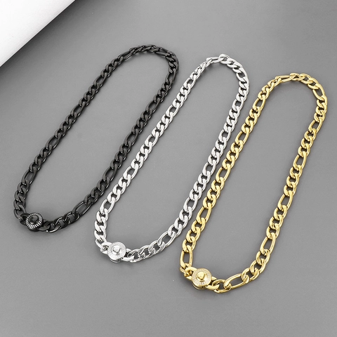 Herren Edelstahl Figaro Panzerkette Halskette Mit Rundem Strassverschluss Punk Stil Hip Hop Schmuck