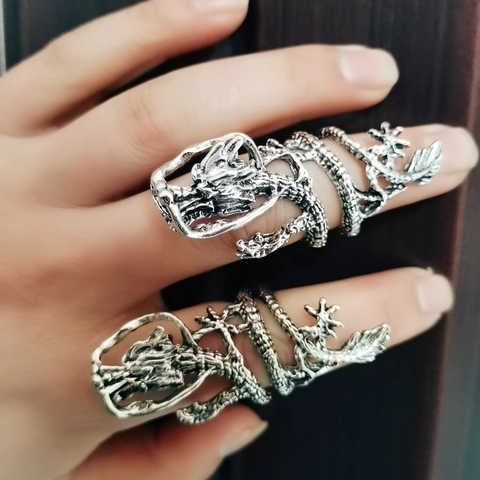 Draak Ring Heren Vintage Legering Zilverkleur Punk Gothic Hip Hop Verstelbare Open Vinger Sieraden Cadeau