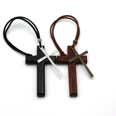 Vintage Holz Legierung Kreuz Anhänger Halskette Doppelschicht Verstellbares Lederseil Religiöser Retro Schmuck Herren Damen