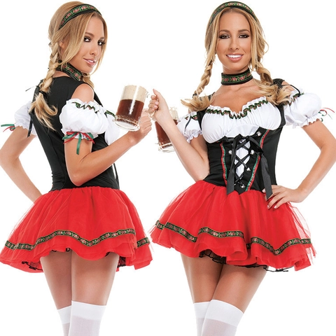 Oktoberfest Kostüm Damen Deutsch Traditionelles Dirndl Kleid Rot Schwarz Weiß Biermädchen Party Outfit Cosplay Kleidung