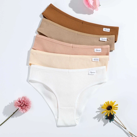 Bragas De Algodón Acanalado Y Elastano Para Mujer Cintura Baja Transpirable Slips Cómodos Lisos Para Niñas Ropa Interior