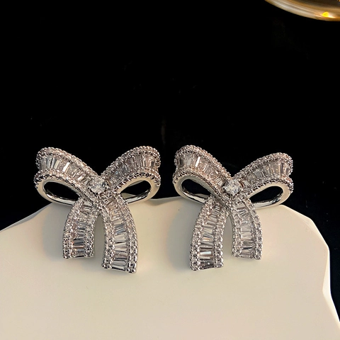 Bow Knot Butterfly Earrings Cubic Zirconia Inlaid Copper Luxury Korean Style Jewelry With 925 Sterling Silver Earring Post