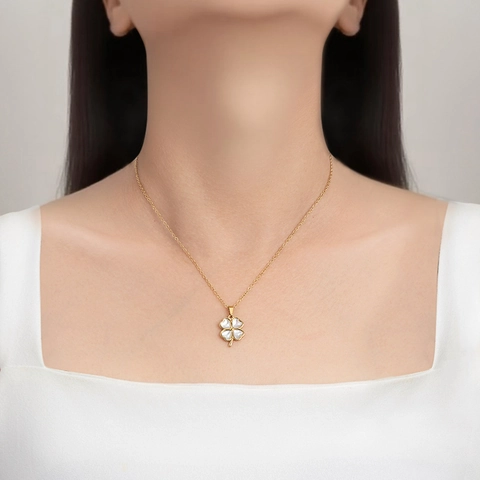 Stainless Steel Necklace Women Retro Chic Heart Clover Evil Eye Pendant Jewelry Mother Of Artificial Pearl Zirconia Gold Plated