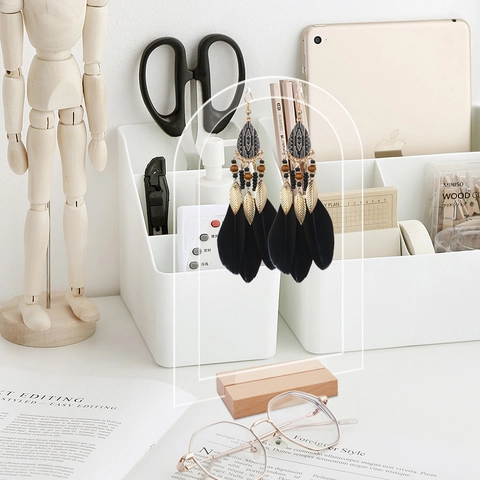 Transparent Acrylic Jewelry Display Stand With Wood Base Arched Earring Organizer Desktop Storage For Earrings Studs