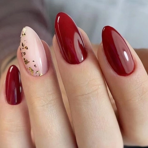 Uñas Postizas De Presión Forma Almendra Brillante Rojo Oscuro Y Rosa Con Pan De Oro Puntas De Uñas Artificiales Para Mujeres