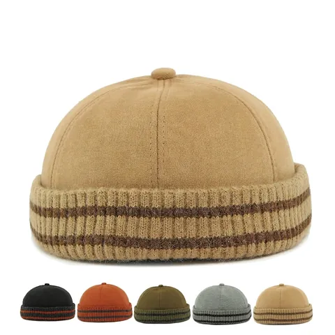 Brimless Docker Hat Retro Knitted Striped Brim Adjustable Miki Cap Streetwear Casual Skullcap For Men Women