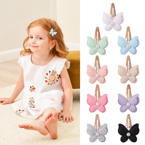 Butterfly Hair Clips 3D Double Layer Glitter Fabric Faux Artificial Pearl Handmade Hairpins For Kids Girls Toddlers