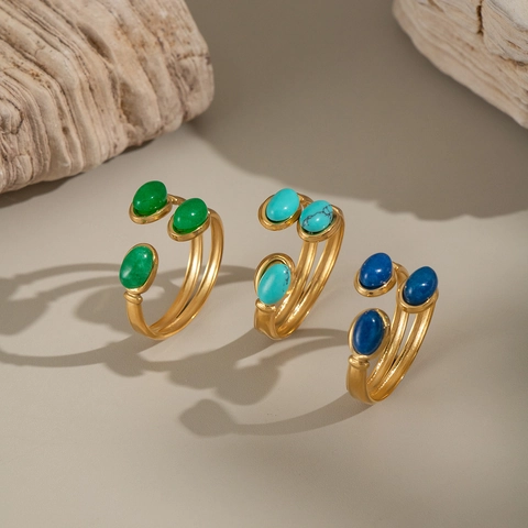 Stainless Steel Adjustable Open Ring For Women Natural Stone Turquoise Lapis Lazuli Green Aventurine Retro Ins Jewelry