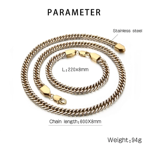 Collier Et Bracelet À Mailles Cubaines Pour Hommes Acier Inoxydable Surface Sablée Style Hip Hop Streetwear Bicolore Noir