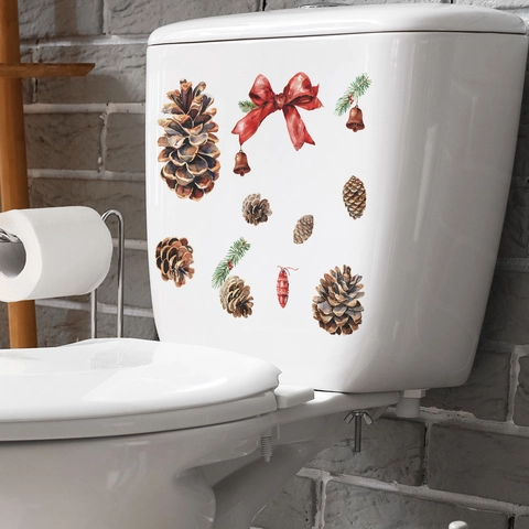 Christmas Toilet Sticker Removable PVC Watercolor Pinecone Red Bow Bell Bathroom Decoration Festive Wall Decal