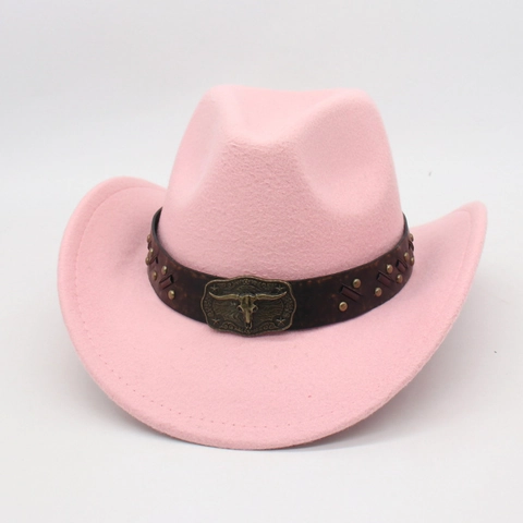 Western Cowboy Hat Retro Felt Wide Brim With Bull Skull Buckle Leather Rivet Band For Men Women