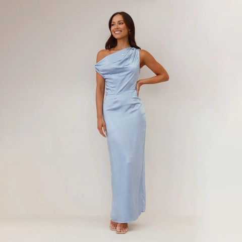 Vestito Lungo In Raso Monospalla Donna Asimmetrico Drappeggiato Aderente Spacco Elegante Serata Formale