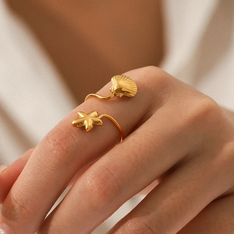 Starfish Shell Open Ring 18K Gold Plated Stainless Steel Adjustable Ocean Summer Beach Jewelry For Women Hypoallergenic