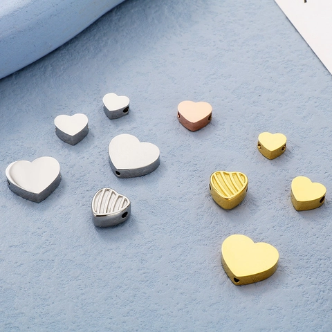 Mirror Polish Stainless Steel Heart Beads For DIY Jewelry Making Striped Smooth Metal Peach Heart Charms Accessories