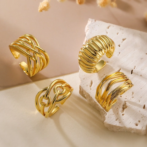 Unregelmäßige Geometrische Offene Ringe Für Damen Vergoldetes Kupfer Verstellbar Minimalistisch Vintage Texturiert