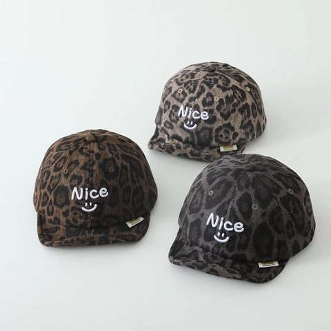 Kids Leopard Print Baseball Cap Soft Brim Embroidery Letter Smile Pattern Toddler Sun Hat Polyester Warm Hat