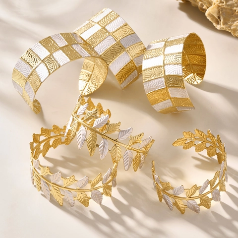 Stainless Steel Leaf Geometric Pattern Open Cuff Bracelet For Women Gold Silver Plated Enamel Fashion Jewelry Gift Armband